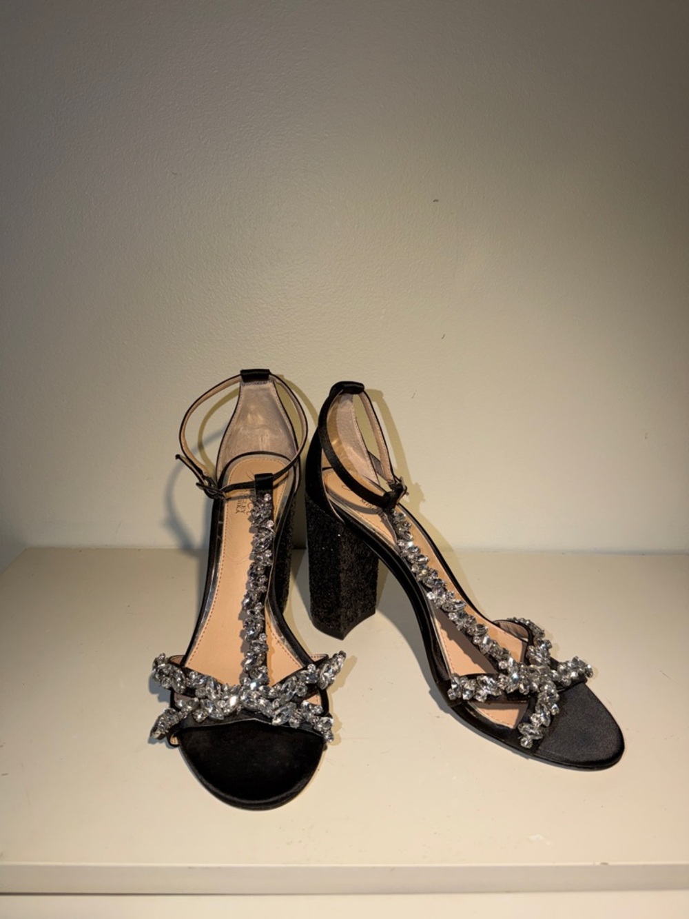 Jewel Badgley Mischka Black Crystal-Embellished Block Heel Sandals.Sz 7 Chic - Picture 4 of 12